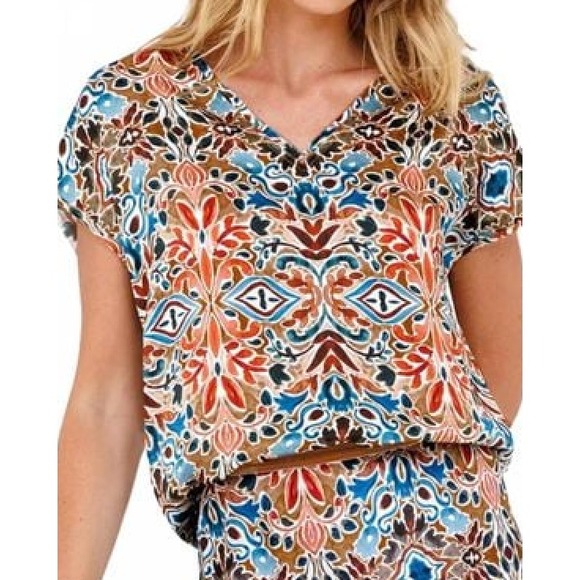 Go Silk Tops - Go Silk Top Sz S Go by GoSilk Turkish Tile Print Raw Edge Hem Luxury Washable